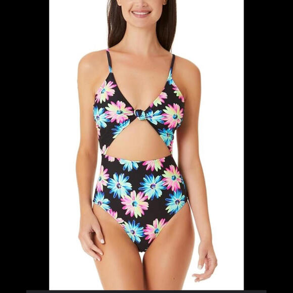 NWT California Waves Juniors Black Gerber Daisy Knotted Cutout One-Piece Size XS - Picture 1 of 6